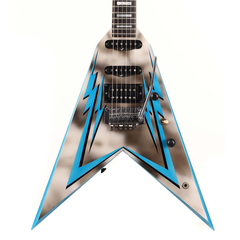 1980-charvel-vic-vergat-pointy-v-gray-airbrush-and-blue-lightning-bolts 1980 Charvel Vic Vergat Pointy V Gray Airbrush and Blue Lightning Bolts