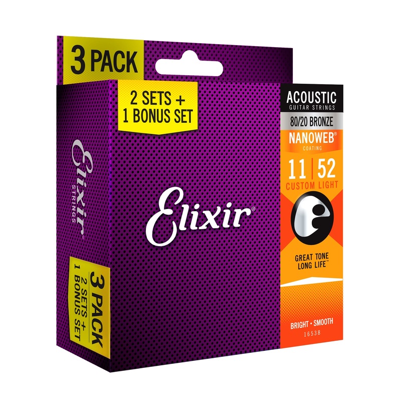 elixir-3-pack-custom-light-11-52-80-20-bronze-acoustic-guitar-strings-w-nanoweb-coating-16538 Elixir 3-Pack Custom Light 11-52 80/20 Bronze Acoustic Guitar Strings w/NANOWEB Coating 16538