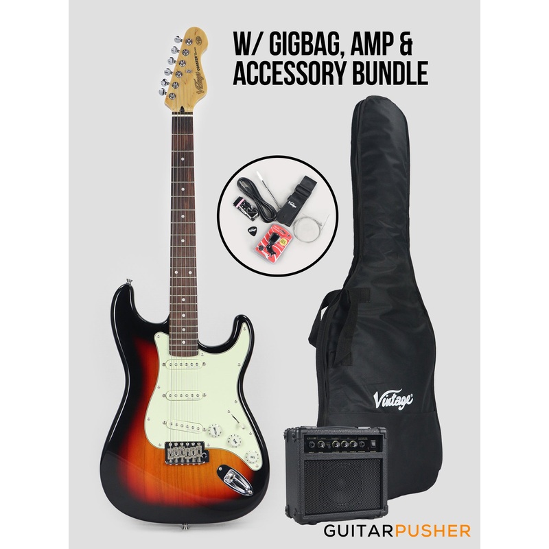 vintage-coaster-series-v60-s-style-electric-guitar-w-kinsman-10-watt-amplifier-gig-bag-accessories-3-tone-sunburst Vintage Coaster Series V60 S-Style Electric Guitar w/ Kinsman 10-Watt Amplifier, Gig Bag, & Accessories - 3-Tone Sunburst