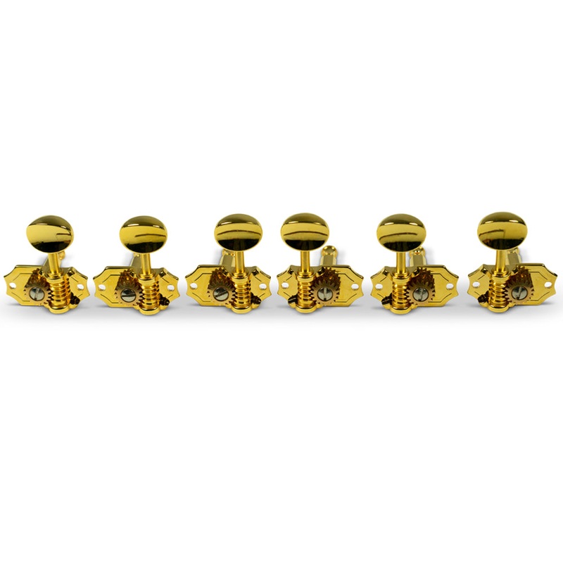 kluson-3-per-side-prestige-series-vertical-mount-open-brass-gear-tuning-machines-gold-with-metal-oval-buttons Kluson 3 Per Side Prestige Series Vertical Mount Open Brass Gear Tuning Machines - Gold With Metal Oval Buttons