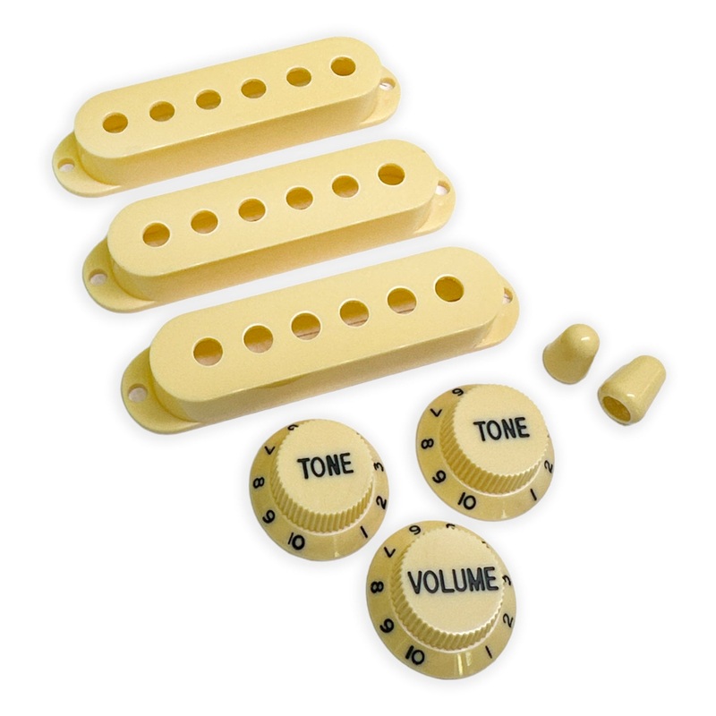 axlabs-strat-pup-covers-3-vintage-switch-tips-2-knobs-3-aged-white-cream-black-font AxLabs Strat PUP Covers (3, Vintage), Switch tips (2), Knobs (3) Aged White/Cream/Black Font
