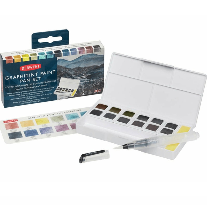 derwent-graphitint-paint-pan-assorted-colours-set-12-waterbrush Derwent Graphitint Paint Pan Assorted Colours Set 12 + Waterbrush