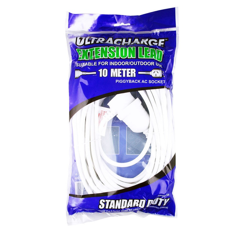 ultracharge-10m-extension-power-cord-10a-cable-with-piggyback-plug-white Ultracharge 10m Extension Power Cord 10A Cable with Piggyback Plug (White)