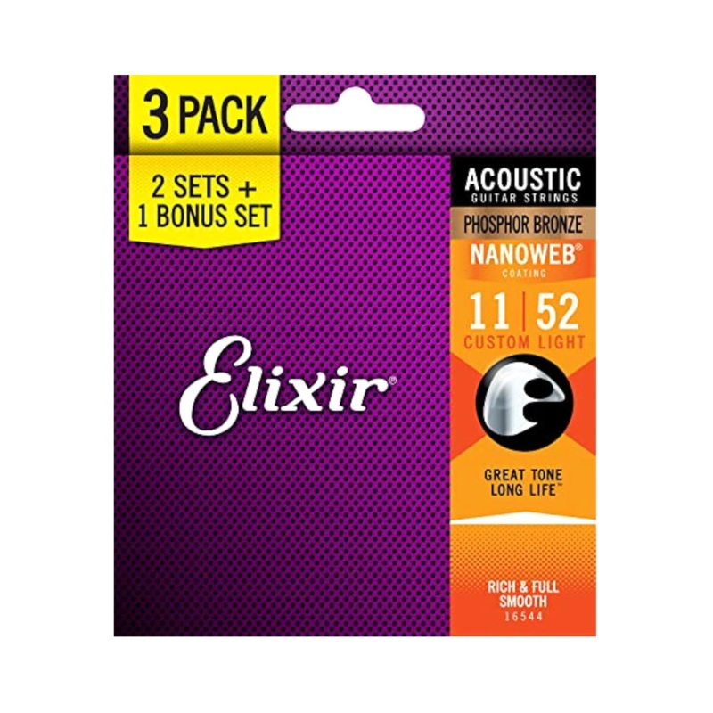 elixir-acoustic-guitar-strings-nanoweb-phosphor-bronze-custom-light-11-52-3-pack Elixir Acoustic Guitar Strings Nanoweb Phosphor Bronze Custom Light 11-52 (3-Pack)