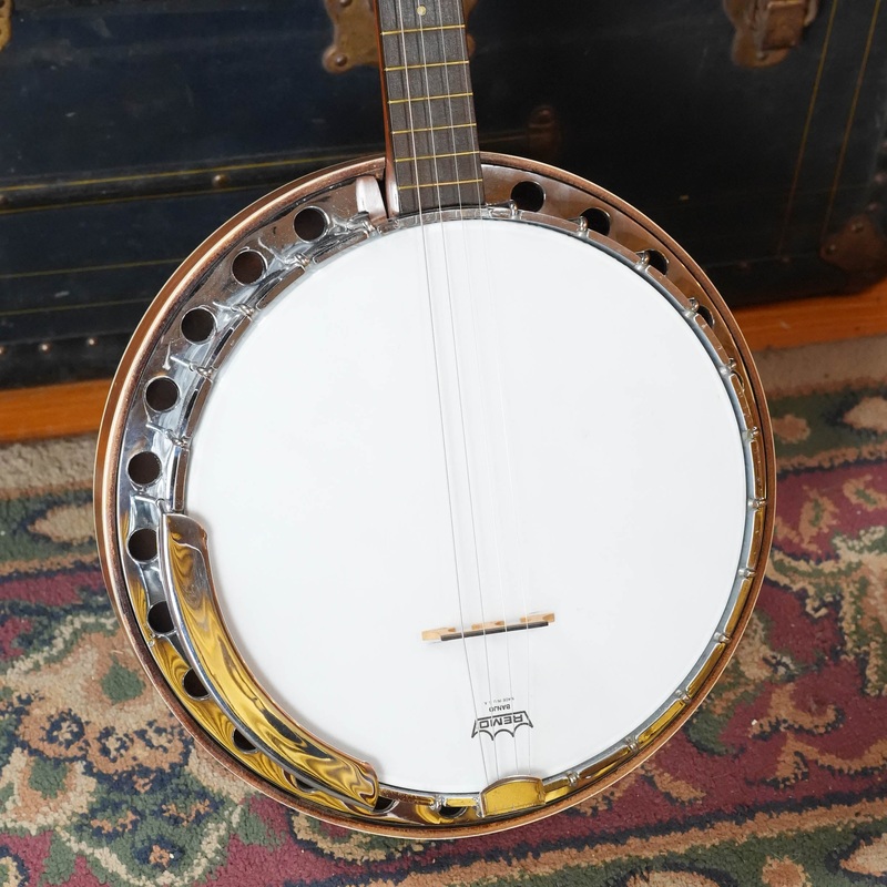 used-1970s-unbranded-aluminum-rim-tenor-banjo-with-decorative-inlayed-resonator (Used) 1970s Unbranded Aluminum Rim Tenor Banjo with Decorative Inlayed Resonator