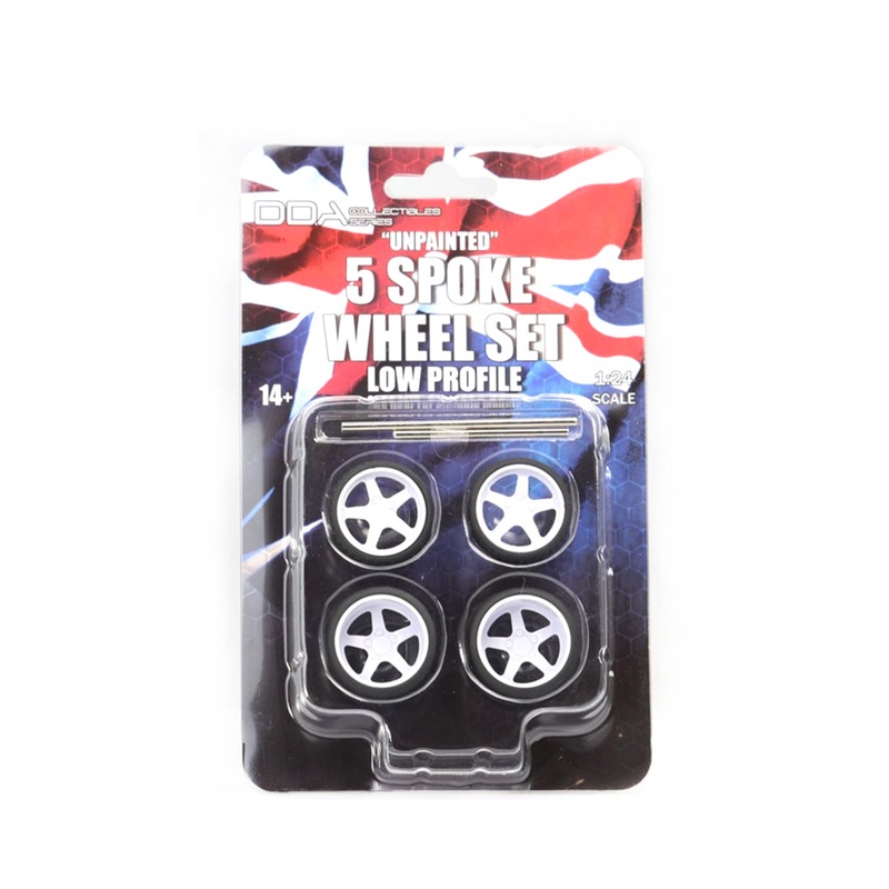 dda-1-24-low-profile-unpainted-injected-white-5-spoke-wheels-with-tyres-axles DDA 1:24 Low Profile Unpainted Injected White 5 Spoke Wheels With Tyres & Axles