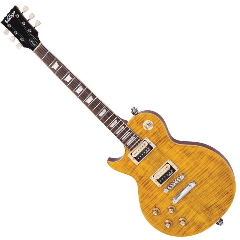 vintage-v100afd-reissued-electric-guitar-left-hand-flamed-amber Vintage V100AFD Reissued Electric Guitar ~ Left Hand Flamed Amber