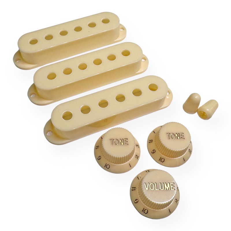 axlabs-strat-pup-covers-3-modern-switch-tips-2-knobs-3-parchment-gold-font AxLabs Strat PUP Covers (3, Modern), Switch tips (2), Knobs (3) Parchment / Gold Font