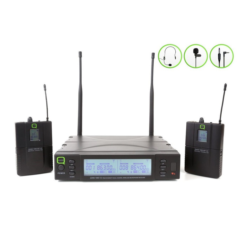 q-audio-qwm-1960-bp-v2-uhf-dual-channel-true-diversity-bp-wireless-mic-system-with-2-beltpack-transmitters-and-2-headset-mics-863-865-mhz-606-614-mhz Q-Audio QWM 1960 BP V2 UHF Dual Channel True Diversity BP Wireless Mic System with 2 Beltpack Transmitters and 2 Headset Mics - 863-865 MHz / 606-614 MHz