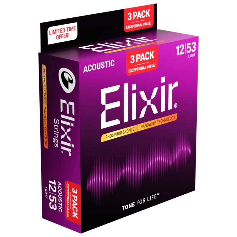 elixir-nanoweb-3-pack-phosphor-bronze-strings-light-12-53-16569-16052 Elixir NANOWEB 3-Pack Phosphor Bronze Strings - Light 12-53 16569 (16052)