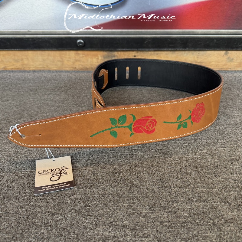gecko-leather-works-handmade-leather-guitar-strap-brown-rose-flowers-finish Gecko Leather Works - Handmade Leather Guitar Strap - Brown & Rose Flowers Finish