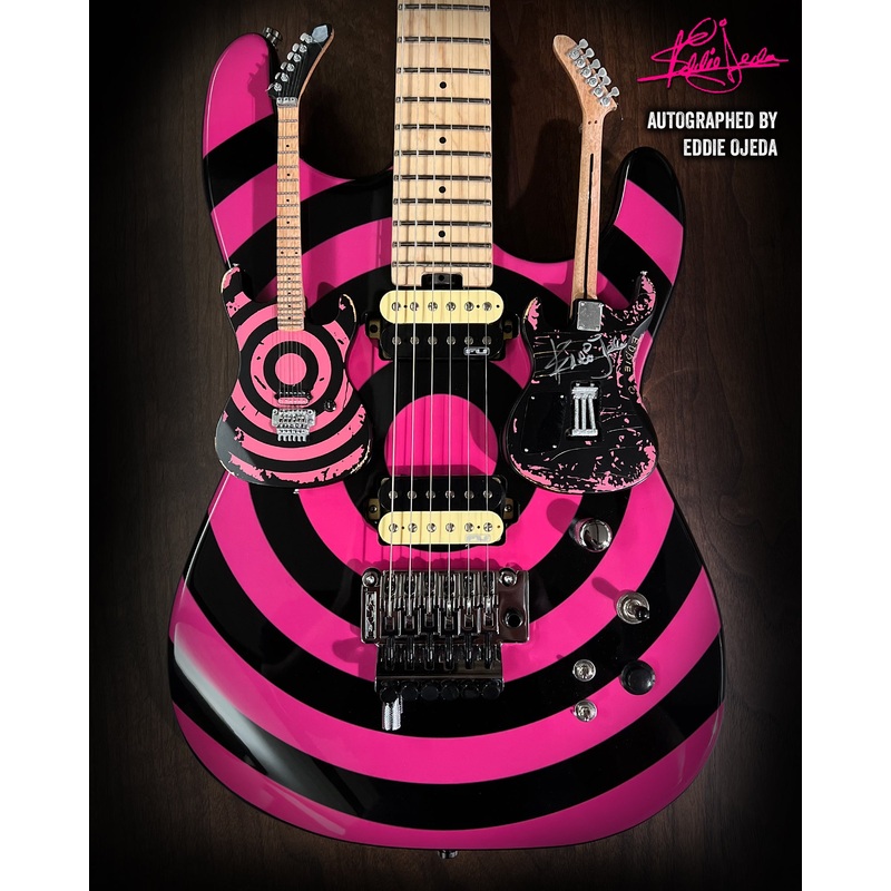 real-autograph-eddie-ojeda-distressed-bulls-eye-twisted-sister-mini-guitar REAL AUTOGRAPH - Eddie Ojeda Distressed "Bulls Eye" TWISTED SISTER Mini Guitar
