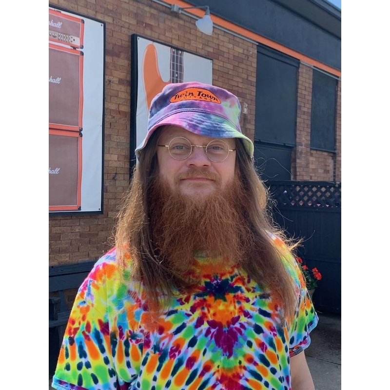 twin-town-guitars-tie-dye-bucket-hat-with-embroidered-orange-logo Twin Town Guitars Tie-Dye Bucket Hat with Embroidered Orange Logo