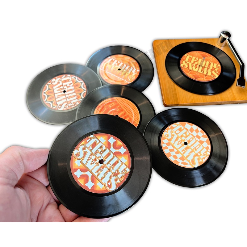 custom-logo-record-coaster-set-of-6-with-bamboo-record-player-4-25-vinyl-record-coasters-with-anti-skid-bottom-6-images CUSTOM Logo Record Coaster Set of 6 with Bamboo Record Player - 4.25" Vinyl Record Coasters with Anti-Skid Bottom - 6 Images