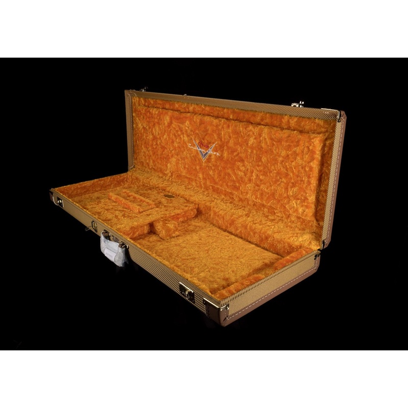 used-fender-g-g-custom-shop-deluxe-tweed-stratocaster-telecaster-case-with-gold-interior Used Fender G&G Custom Shop Deluxe Tweed Stratocaster Telecaster Case With Gold Interior
