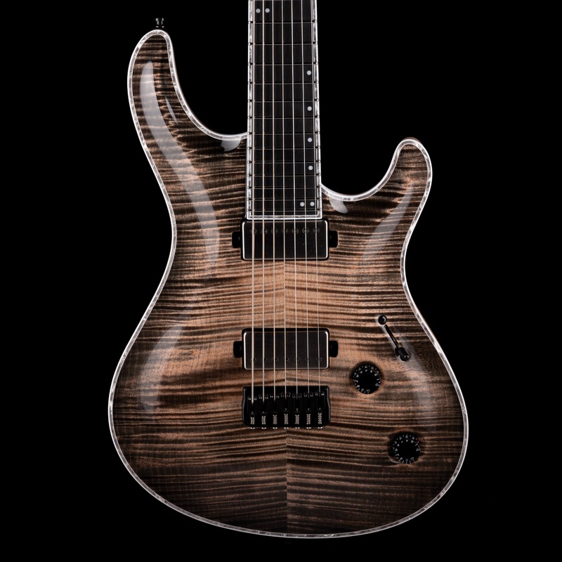 mayones-regius-7-baritone-27-scale-4a-flame-maple-top-black-feather Mayones Regius 7 Baritone 27" Scale 4A Flame Maple Top Black Feather