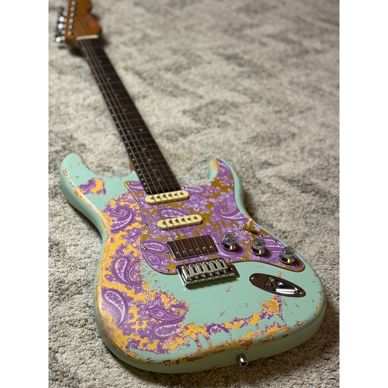dhatarattha-classic-dst-hss-in-surf-green-over-purple-paisley-with-rosewood-fb-and-nitrocellulose-lacquer-relic Dhatarattha Classic DST HSS in Surf Green over Purple Paisley with Rosewood FB and Nitrocellulose Lacquer Relic