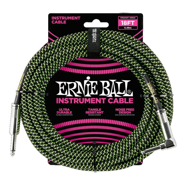 ernie-ball-18ft-braided-straight-angle-instrument-cable-black-green Ernie Ball 18ft Braided Straight Angle Instrument Cable Black Green