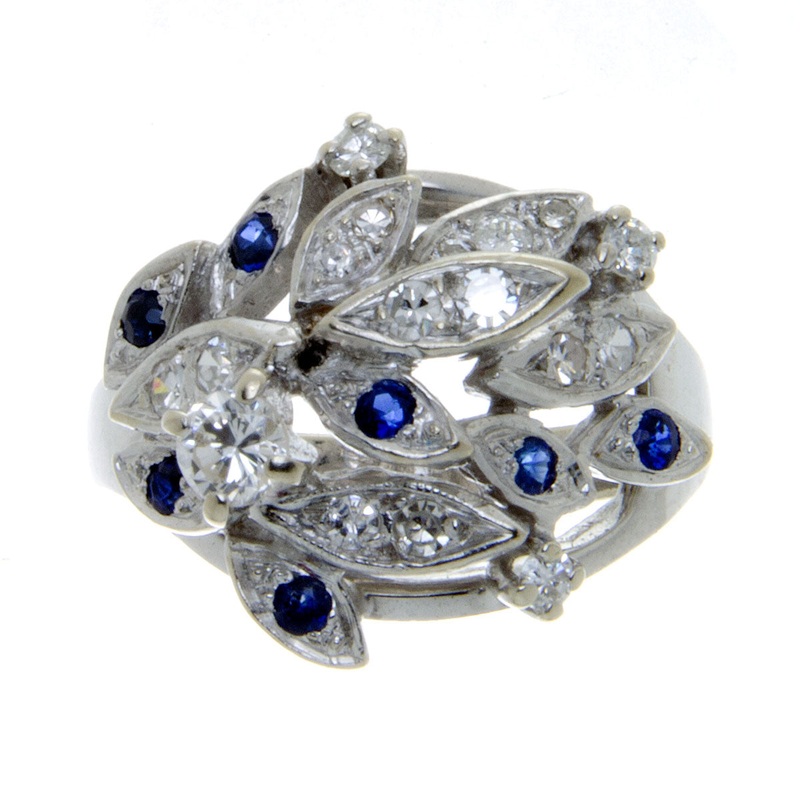 1950s-sapphire-diamond-floral-cocktail-ring 1950s Sapphire & Diamond Floral Cocktail Ring