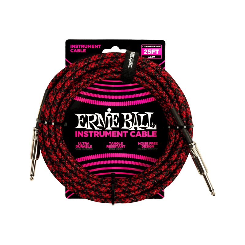 ernie-ball-25ft-braided-straight-to-straight-instrument-cable-red-black Ernie Ball 25FT Braided Straight to Straight Instrument Cable, Red Black