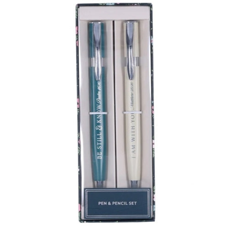 pen-and-pencil-set-be-still-and-know-i-am-with-you-green-pen-and-cream-pencil Pen and Pencil Set -Be Still and Know & I Am with You Green Pen and Cream Pencil