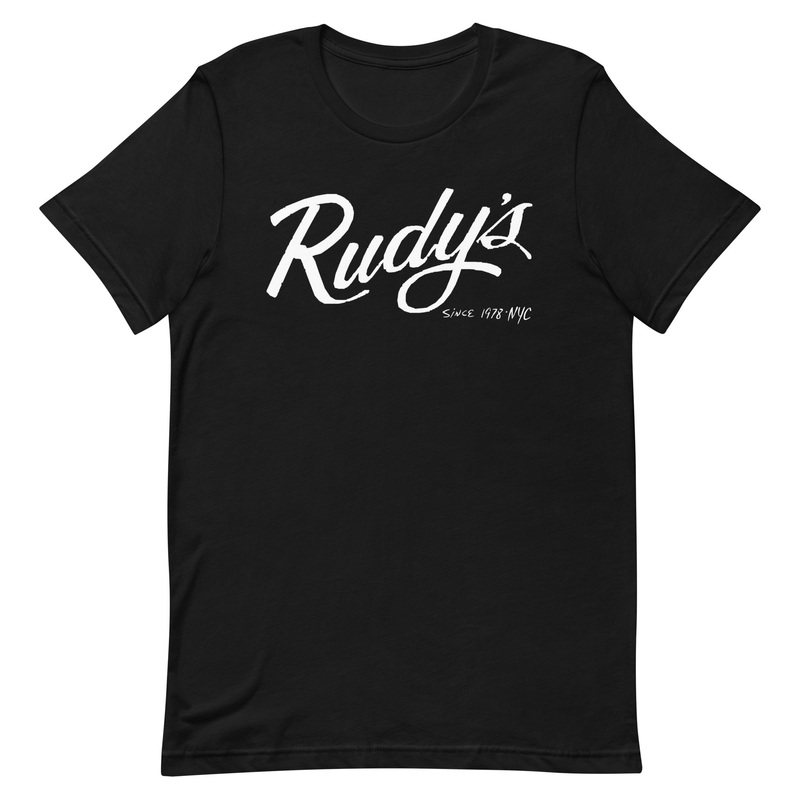rudy-s-music-script-logo-white-ink-black Rudy's Music Script Logo, White Ink Black